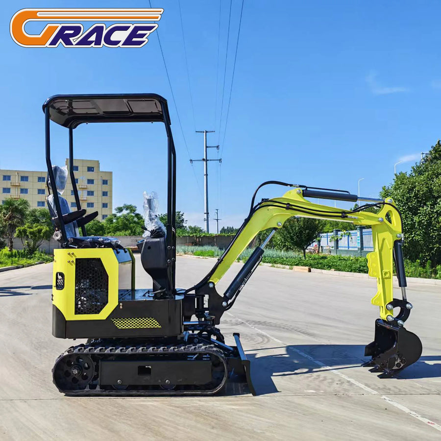 1.8 ton mini excavator – yellow and black crawler digger, side view with protective cab frame