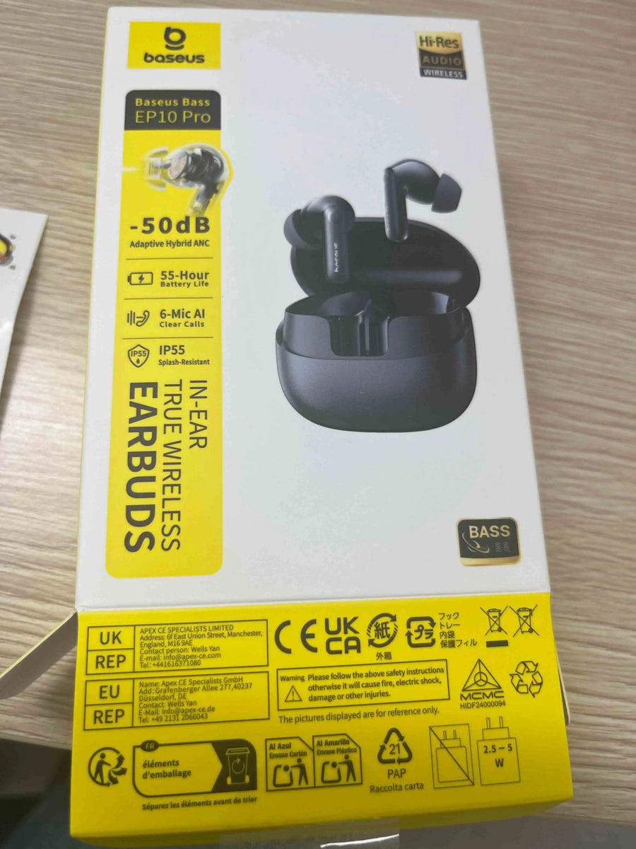 Baseus earbud packaging with black earbuds on a white background