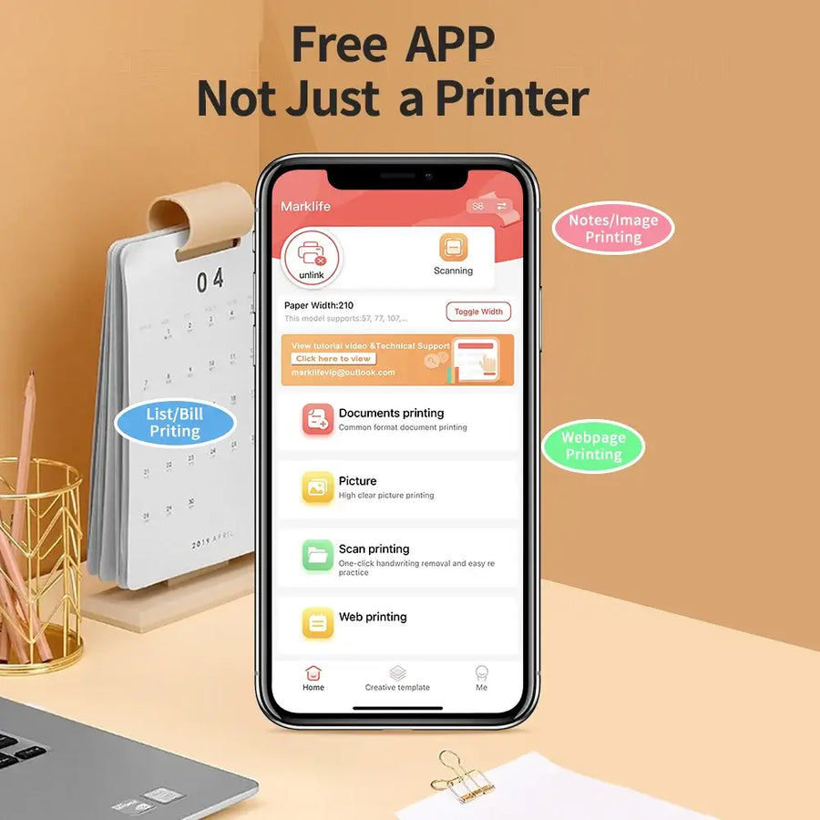 Smartphone printing app for the portable A4 thermal printer — wireless Bluetooth inkless mini printer with mobile app control