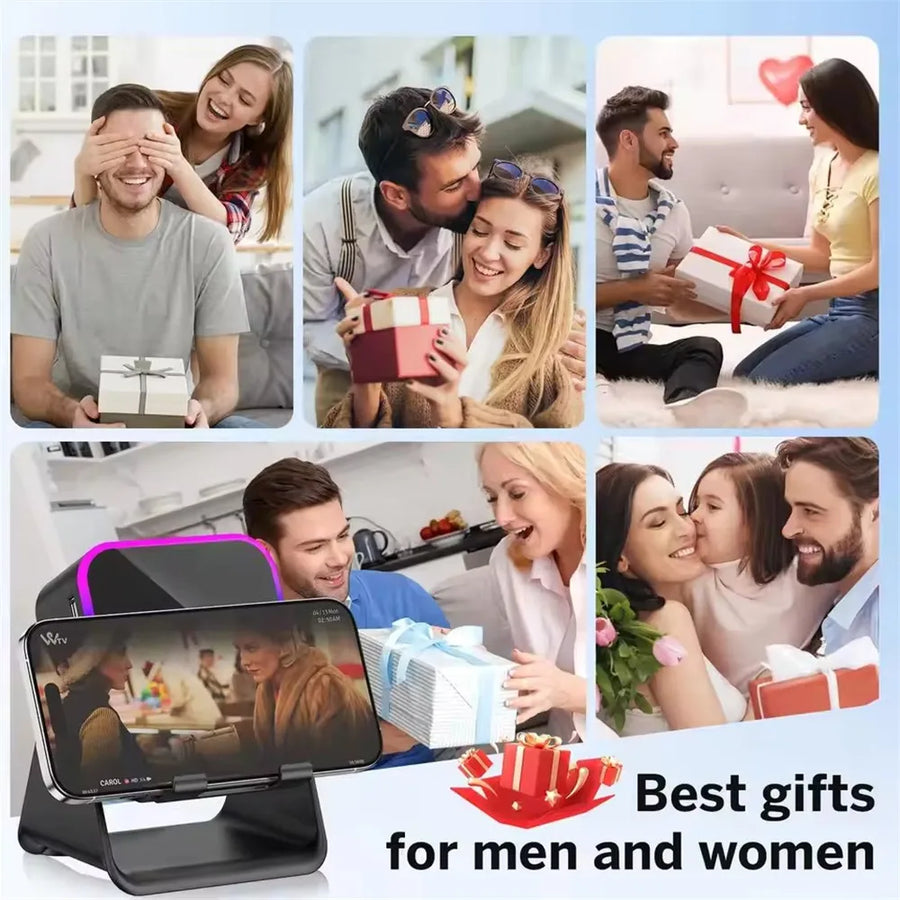 Collage of people receiving gifts with a smartphone stand in the foreground, labeled 'Best gifts for men and women'.