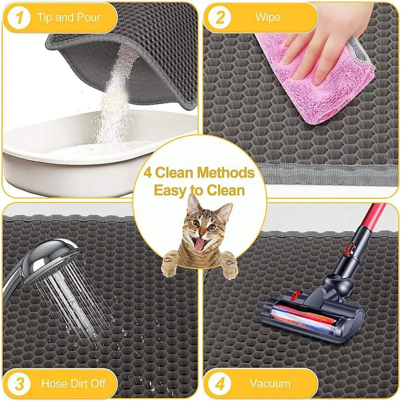 How to clean a double-layer cat litter trapping mat, cleaning methods infographic with text labels
