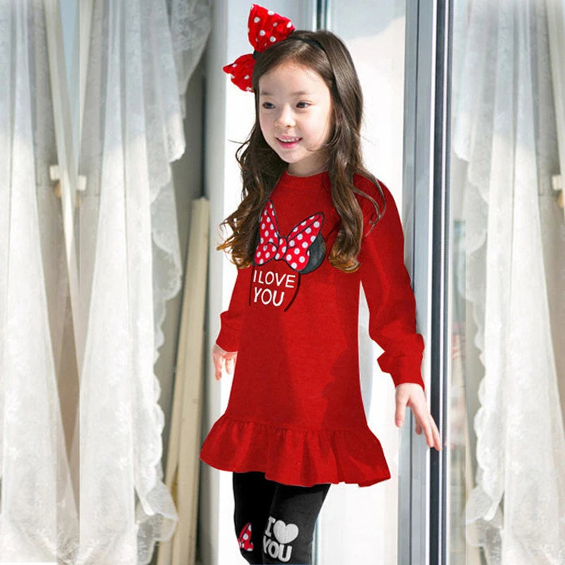 Kids Clothing Set featuring a red dress with bow print and playful leggings, perfect for spring and autumn wear.