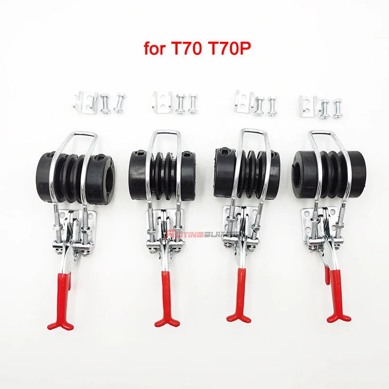 Four DJI Agras spray drone transport fixing clips with black rubber rollers, silver metal brackets and red handles arranged in a row on white background