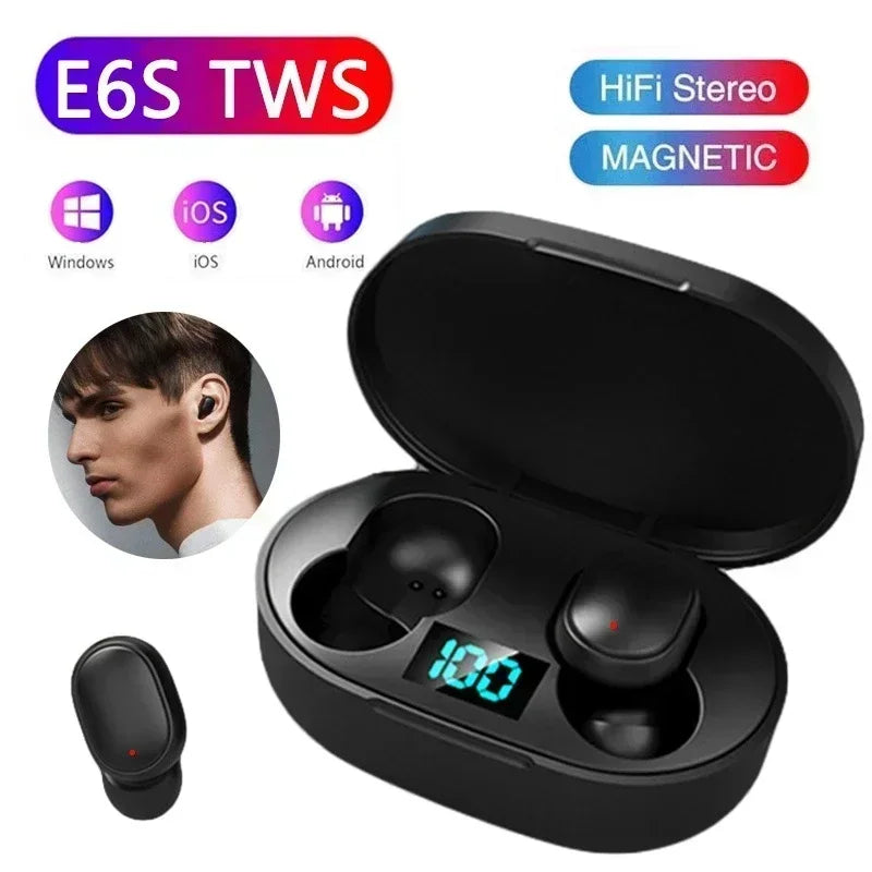 Black E6S TWS true wireless earbuds in open charging case with LED battery display, HiFi stereo, compatible with Windows iOS and Android