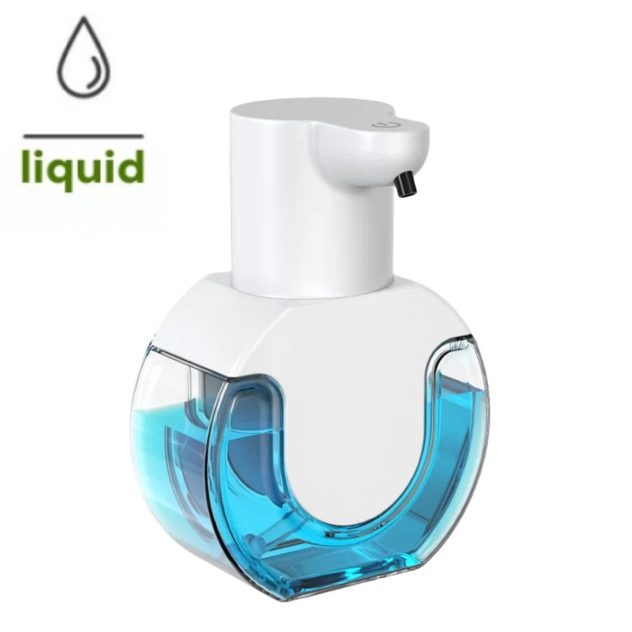 White and blue liquid dispenser with clear container on a white background