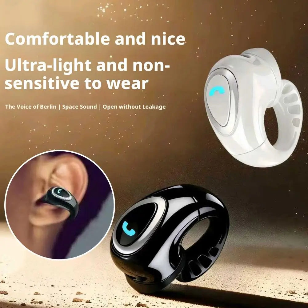 Open-ear clip-on wireless earbuds shown with comfortable wearing position on the ear