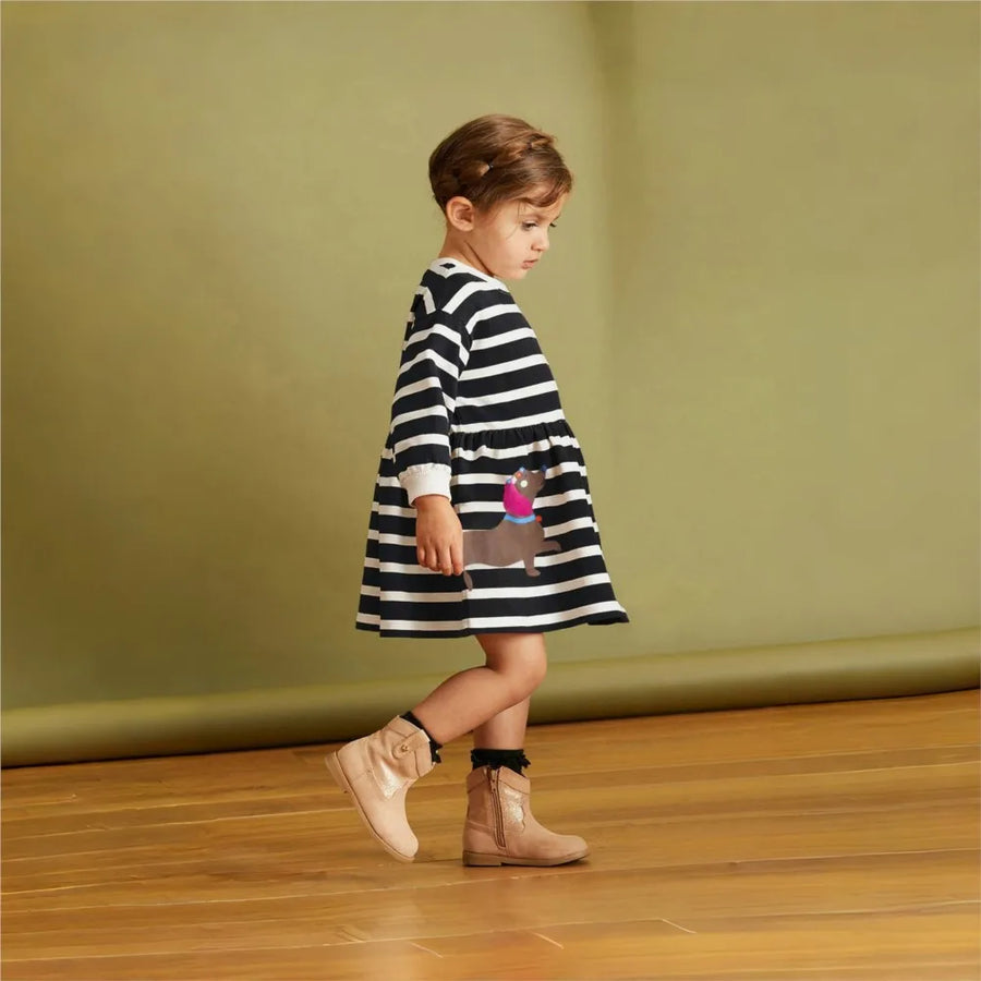 Baby Girls Long-Sleeve Dress – Cotton Striped Cartoon for Autumn/Spring