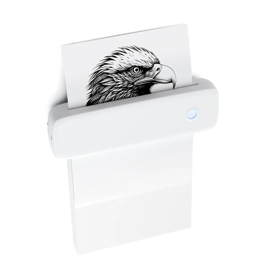 White portable Bluetooth thermal label printer with eagle print — compact wireless inkless label maker for mobile printing