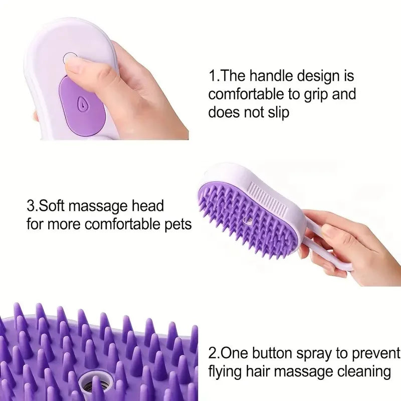 Purple pet steam brush with text highlighting features on white background – 3-in-1 deshedding grooming comb with steam spray