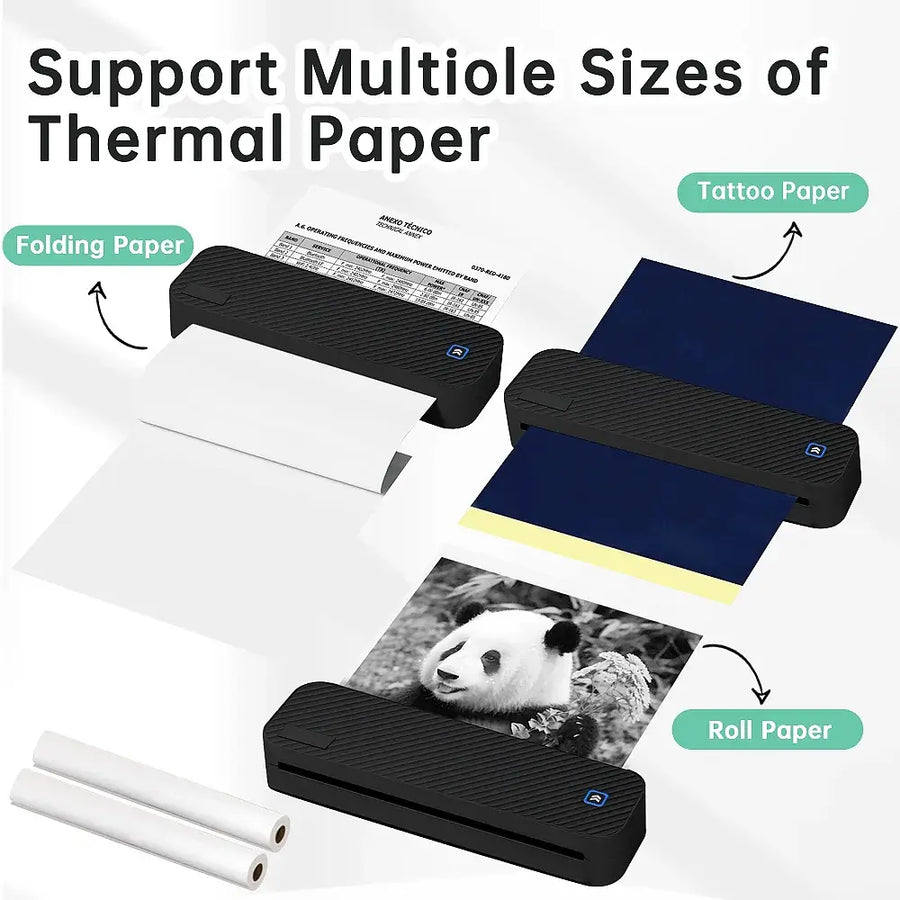 Black thermal printer with various types of thermal paper on a white background — portable A4 wireless Bluetooth inkless mini printer