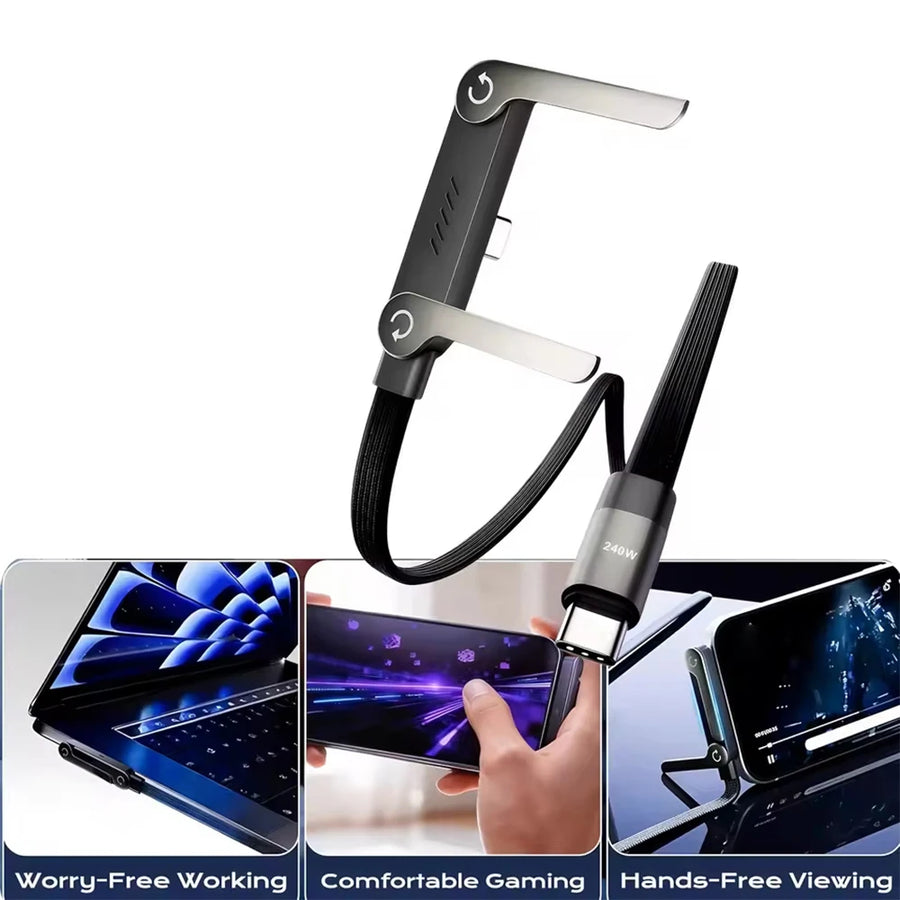 240W fast charging cable with foldable phone stand showing multiple hands-free uses on white background