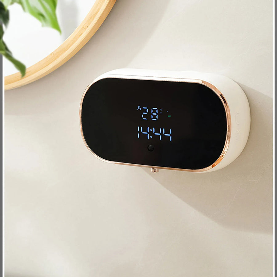 White wall-mounted automatic foaming soap dispenser with digital display — touchless USB rechargeable, 350ml