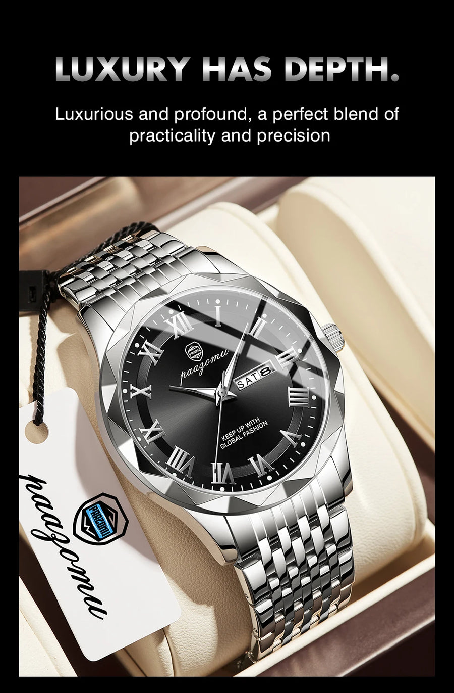 Men's minimalist quartz leisure watch – luxury watch with silver metal strap on white cushion, brand name visible