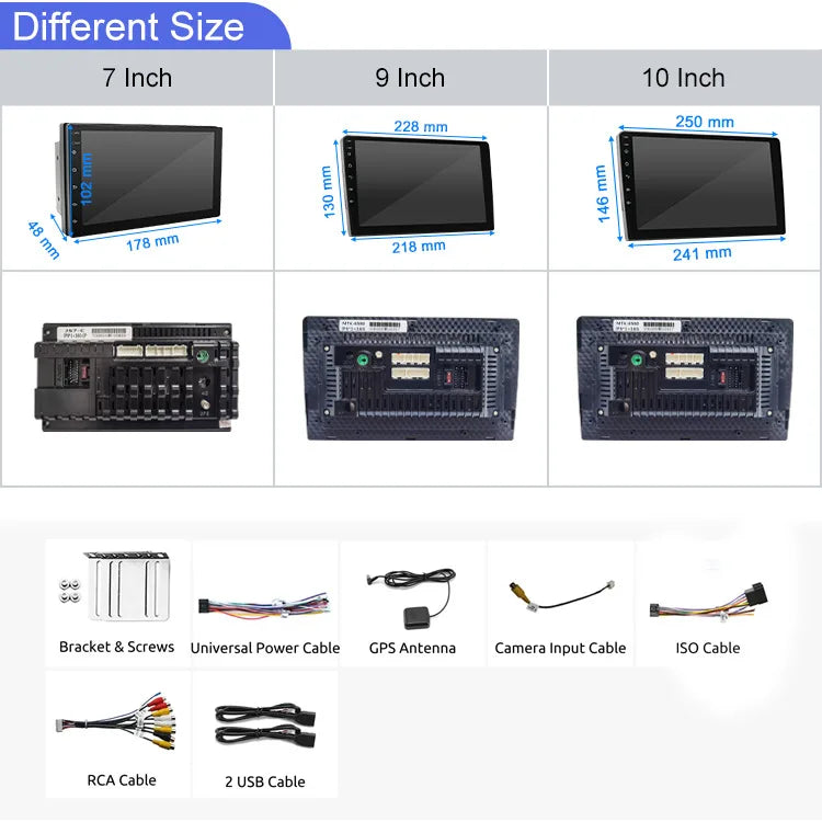 Car touchscreen display in 7 inch, 9 inch and 10 inch sizes with dimensions, rear view and included accessories including bracket, GPS antenna and cables