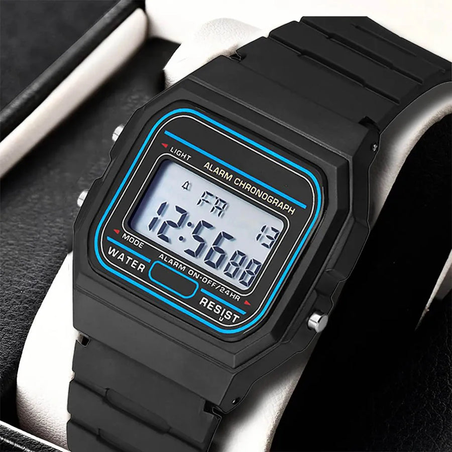 Men's LED digital military watch with blue accents and black silicone band in gift box, vintage digital wristwatch.