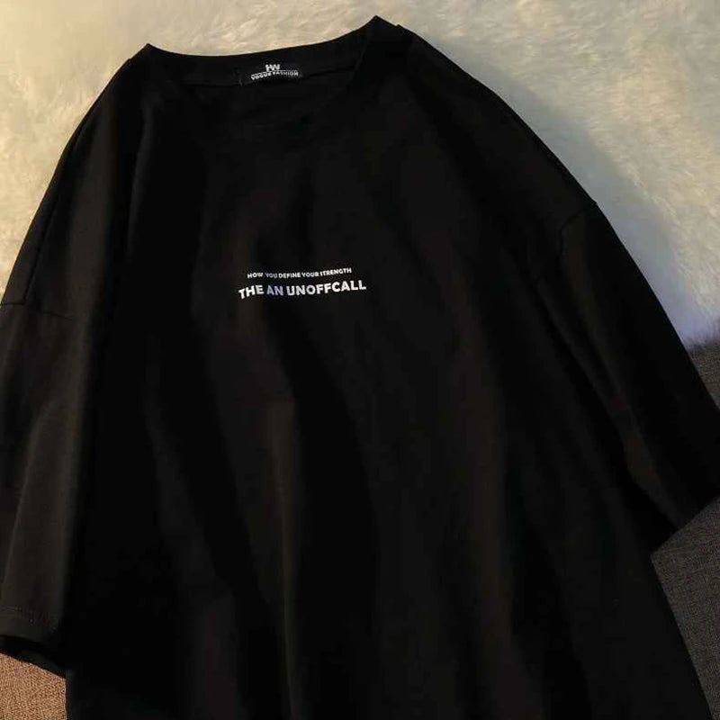 men's summer letter print t-shirt in black with white lettering on the front