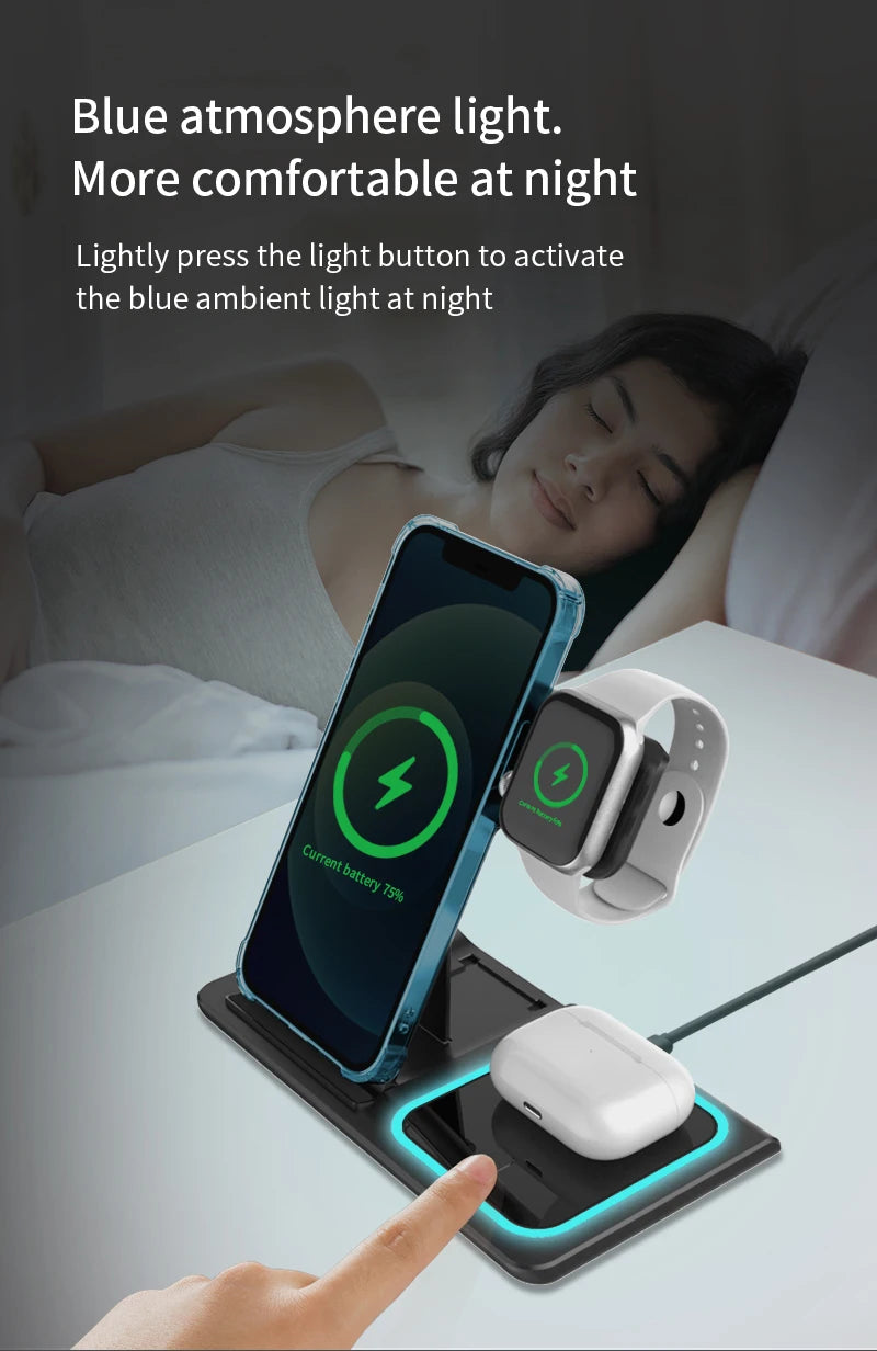 3-in-1 Wireless Charging Station – Travel Pad for iPhone 12-17, iWatch & AirPods, 15W