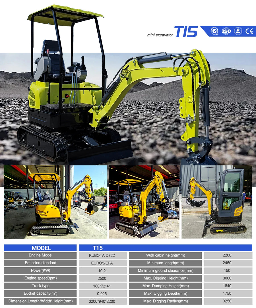 1.8 ton mini excavator – yellow and black Kubota T15 model promotional graphic