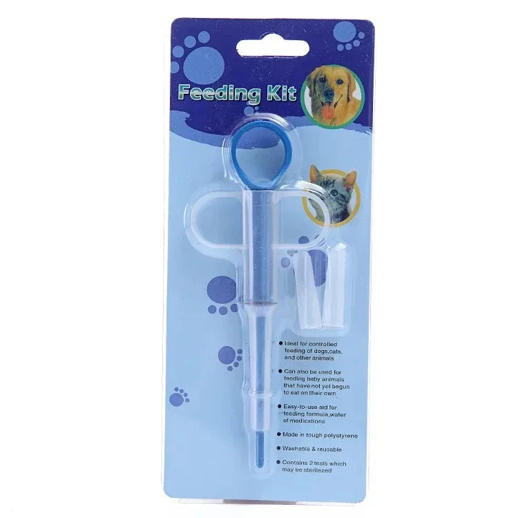 Pet pill feeder packaging back with product details on blue background – pet feeding kit for dogs and cats