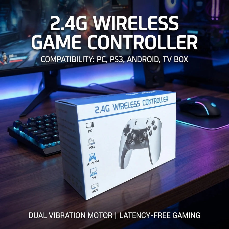 Box of 2.4G wireless game controller with gaming setup in the background