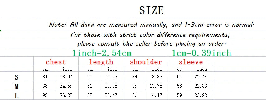 Size chart with clothing measurements in centimeters and inches