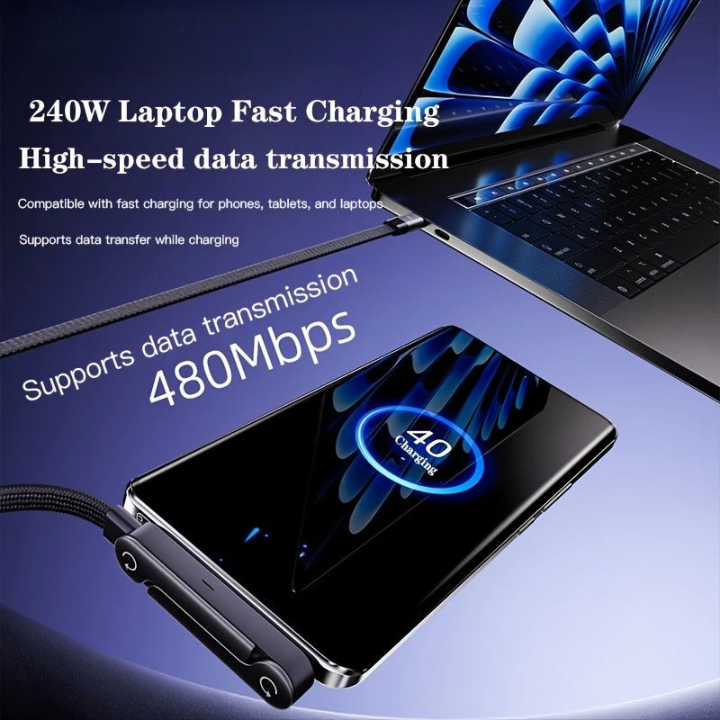240W Foldable Stand Type-C Cable – Braided with Multi-Function Holder for iPhone