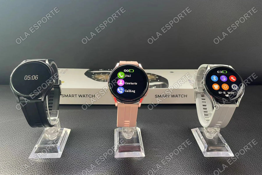 Three Women's Smart Watch 6 smartwatches on stands with a branded box in background