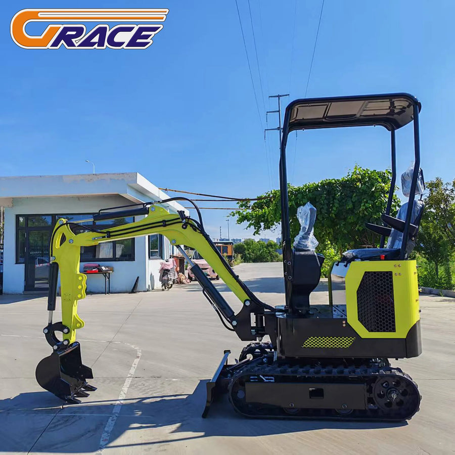 1.8 ton mini excavator – yellow and black crawler digger with open cab and roll-up canopy, outdoor view