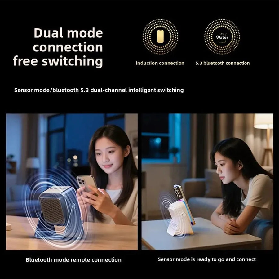 Product advertisement showing dual mode connection with two people using a device in a living room setting.
