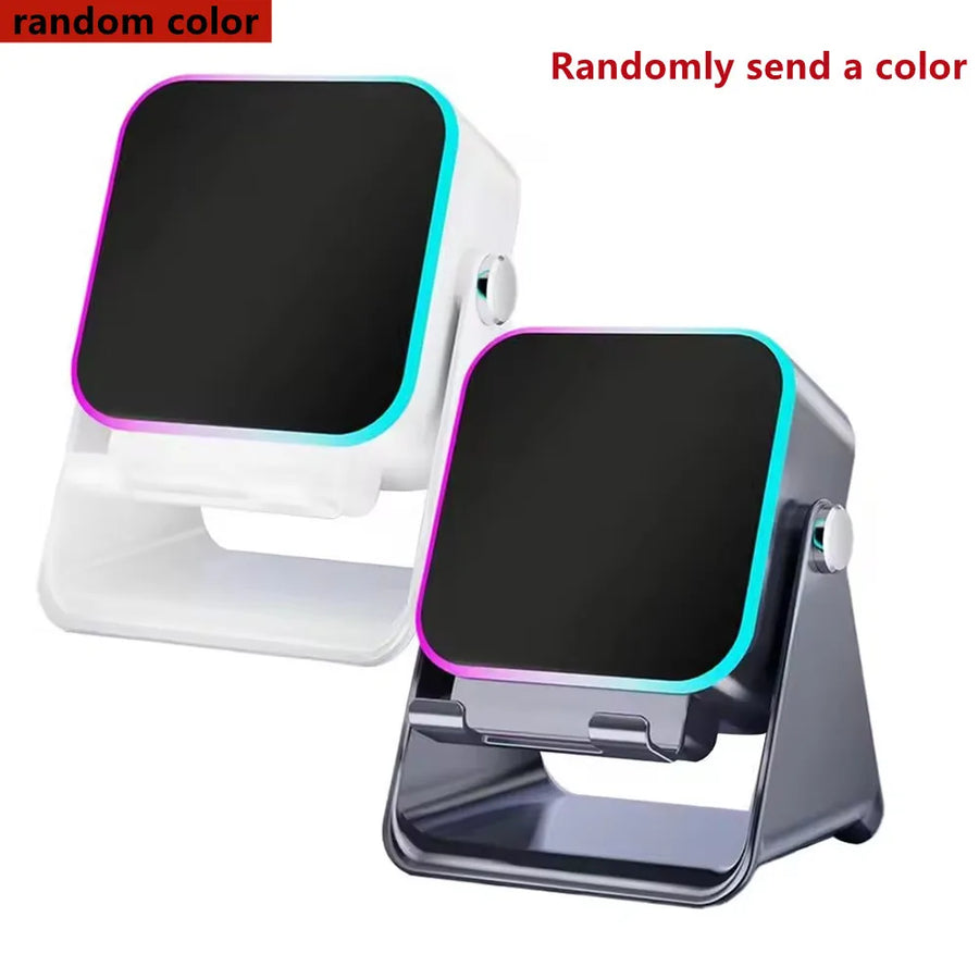 Two phone stands with black screens and colorful edges on a white background.