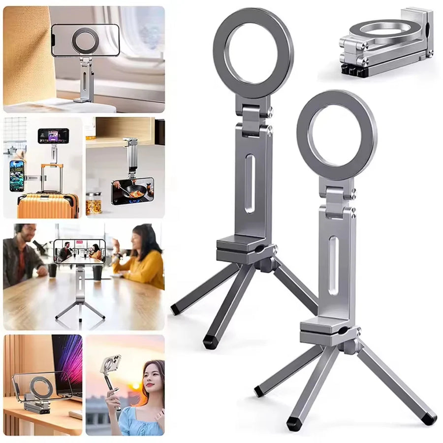 MagSafe magnetic phone tripod with ring light stand collage in various settings