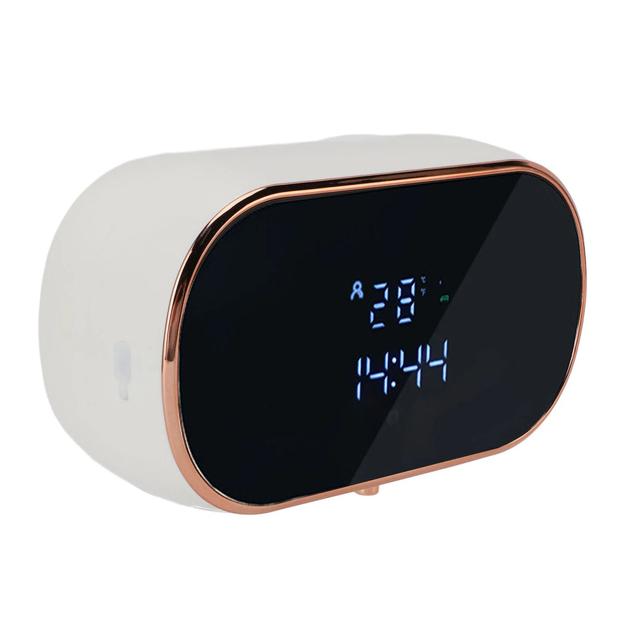 White automatic foaming soap dispenser with rose gold accents and digital display — wall-mounted touchless design