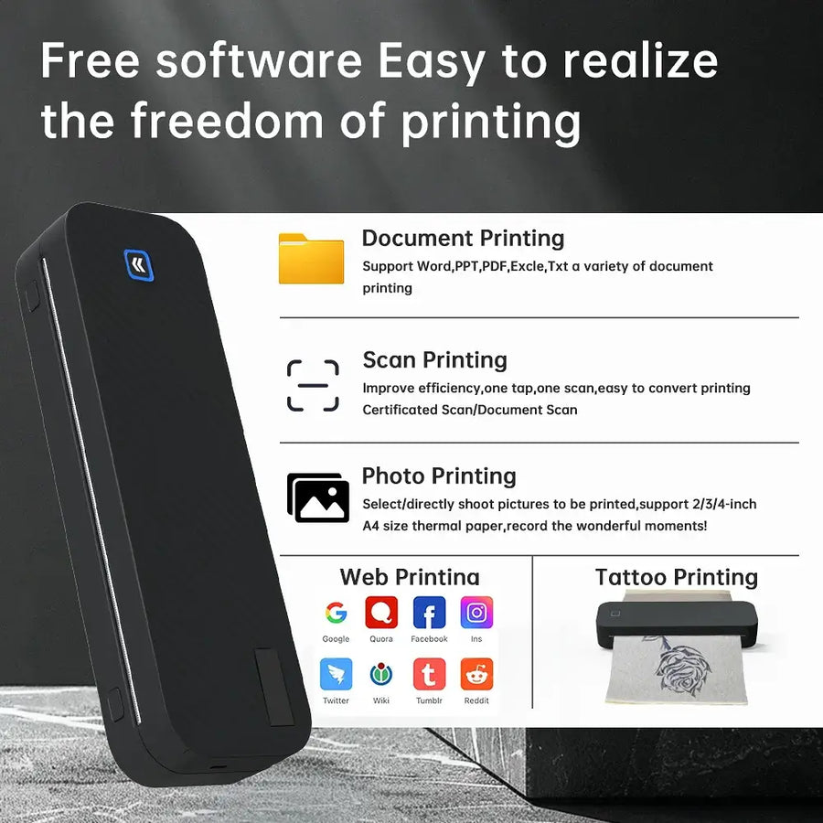 Black portable thermal printer with features listed on a gray background — wireless Bluetooth inkless A4 mini printer