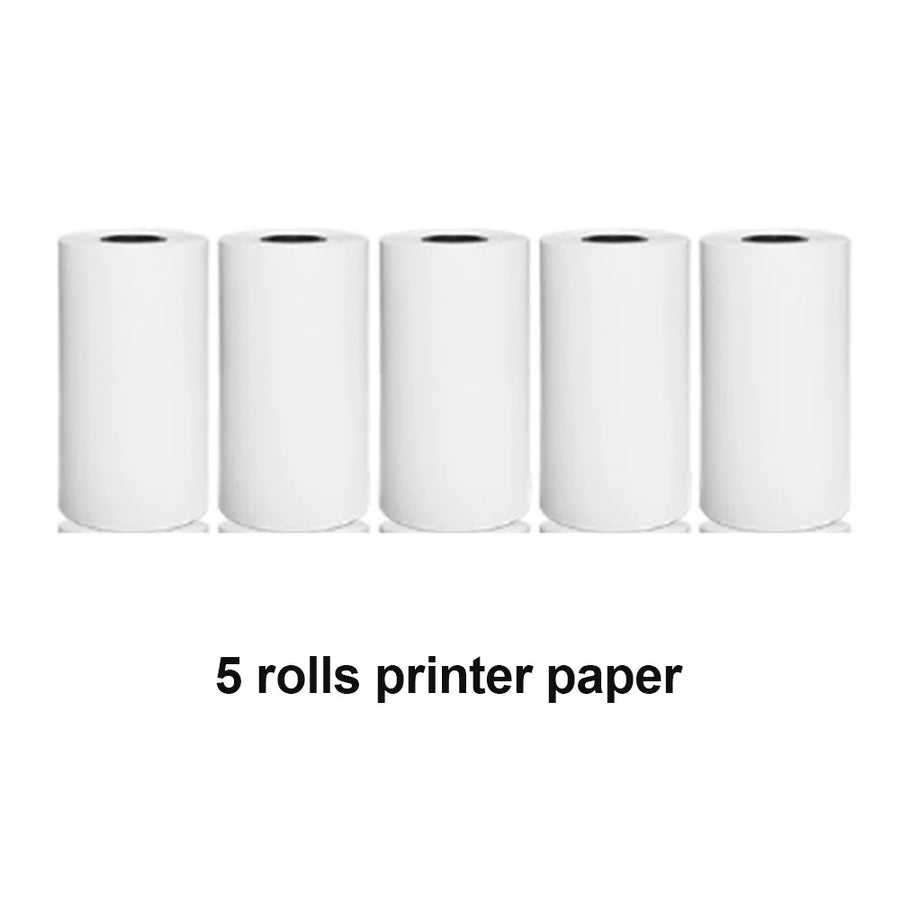Five rolls of thermal printer paper for mini Bluetooth thermal label printer on white background