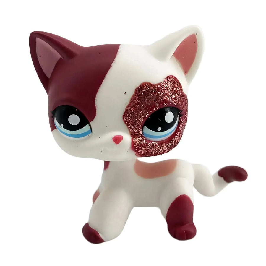 Mini pet shop kitty figure – white with maroon patches and glitter eye detail