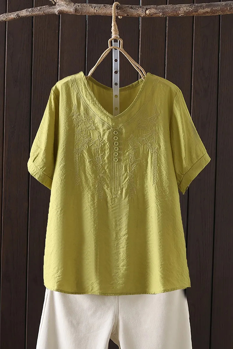 Women's Cotton Linen Embroidered Top – Vintage Casual Shirt