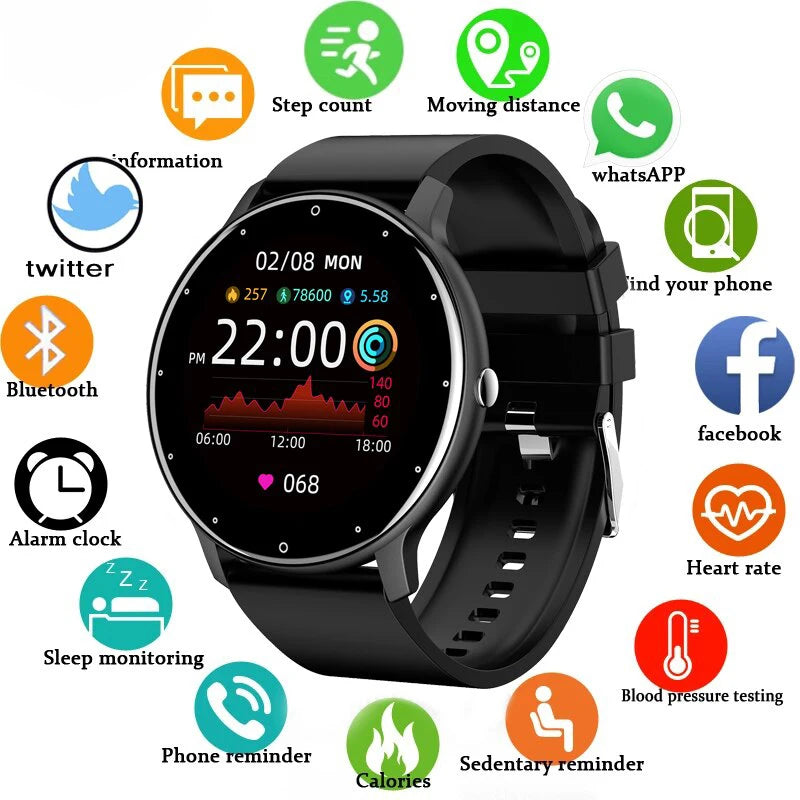 Smartwatch with various functions displayed on white background