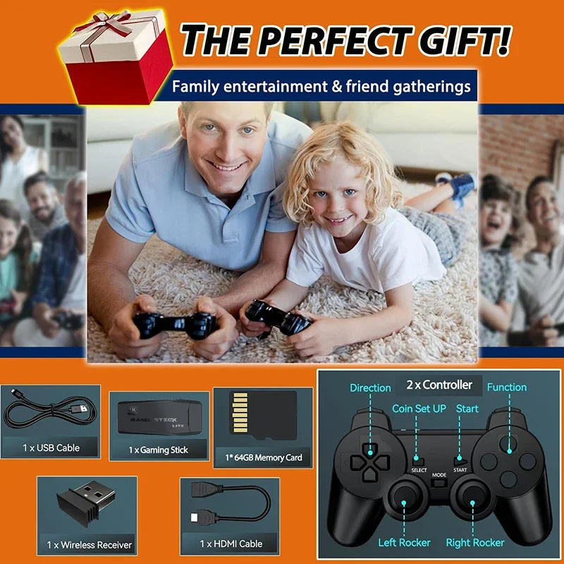 Gaming console set with controller, cables, and accessories on an orange background with family playing.