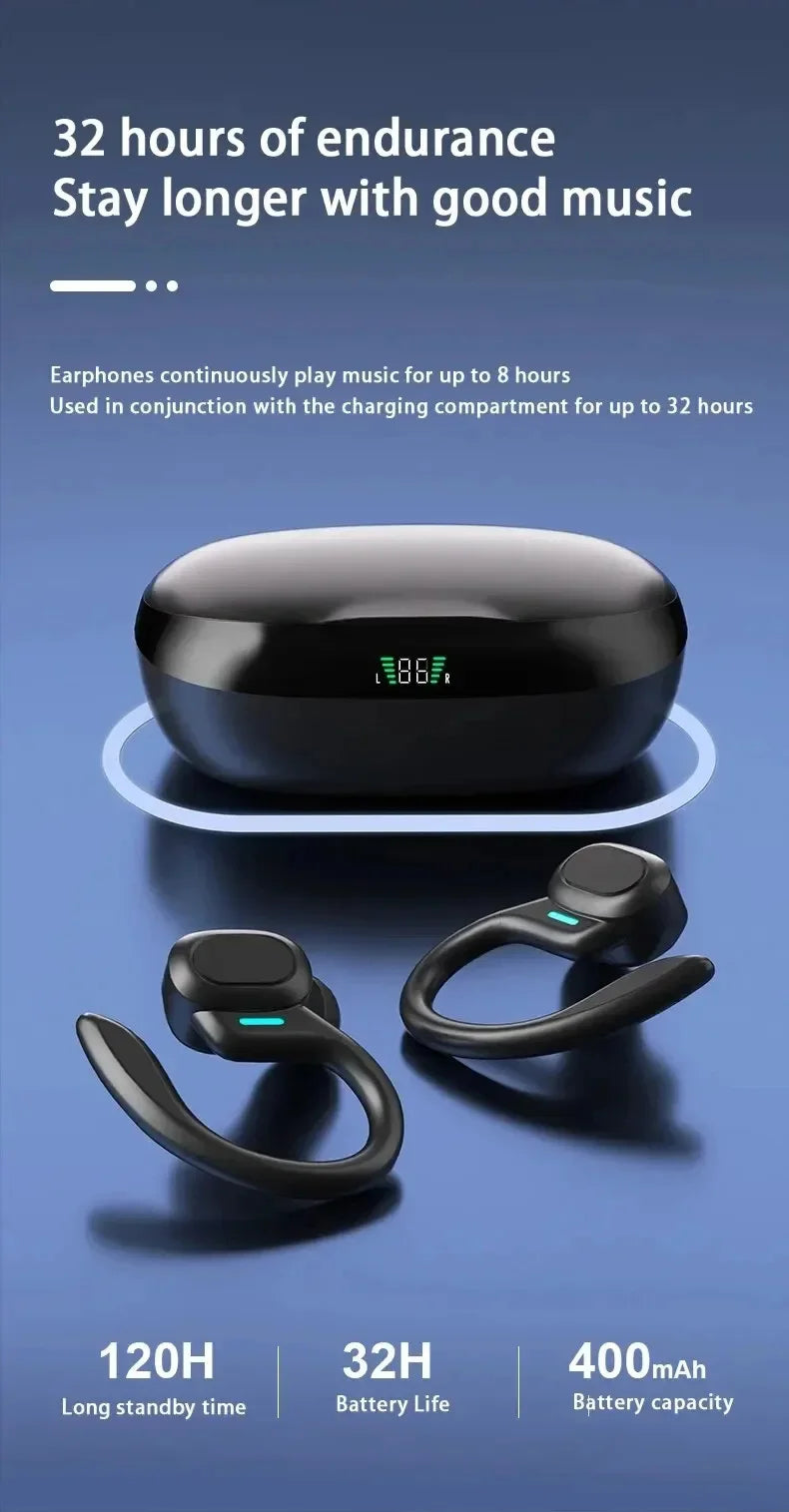 True Wireless Earbuds with Ear Hooks – Bluetooth 5.3 Sport Headphones, Waterproof, HiFi Stereo for Running & Workout