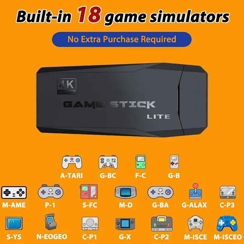 Game Stick Lite console with 18 game simulator icons on an orange background