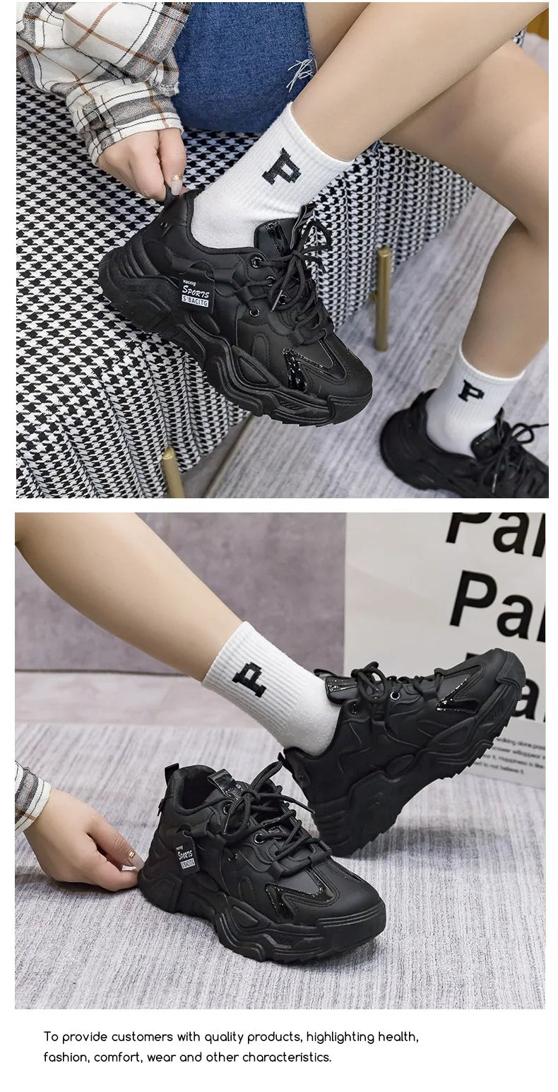 Women's Platform Leather Sneakers – Versatile Black Lace-Up (2025)