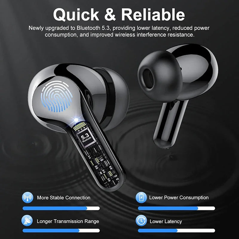 Wireless earbuds with Bluetooth 5.3 features on a dark background