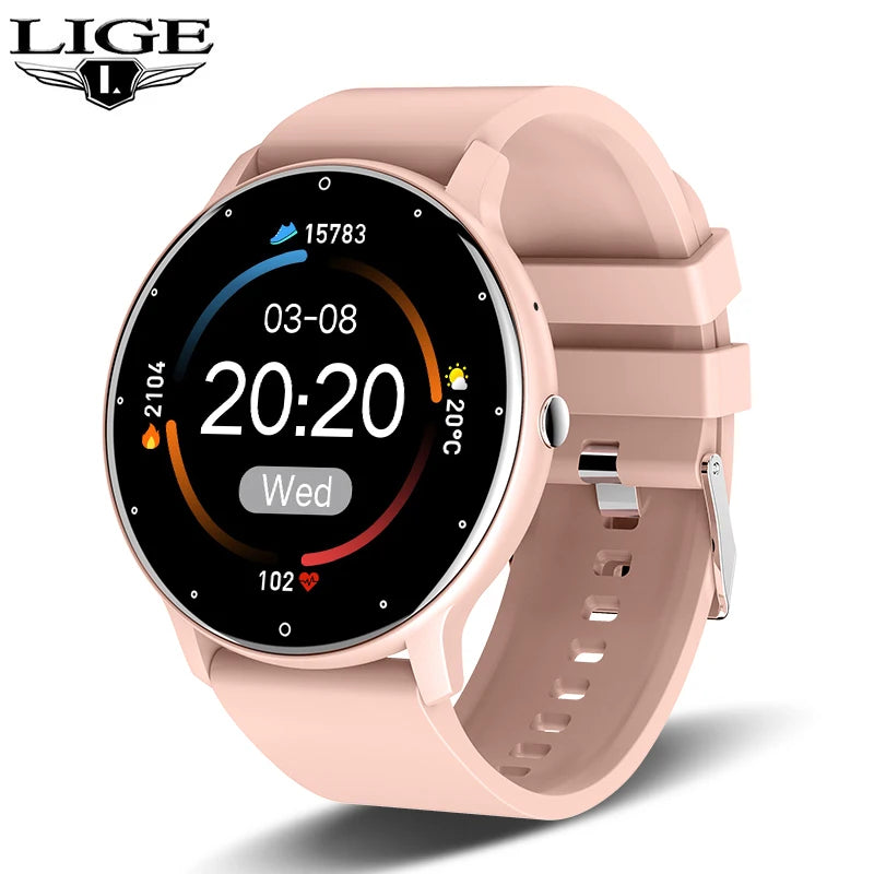 Pink LIGE smartwatch with digital display on white background