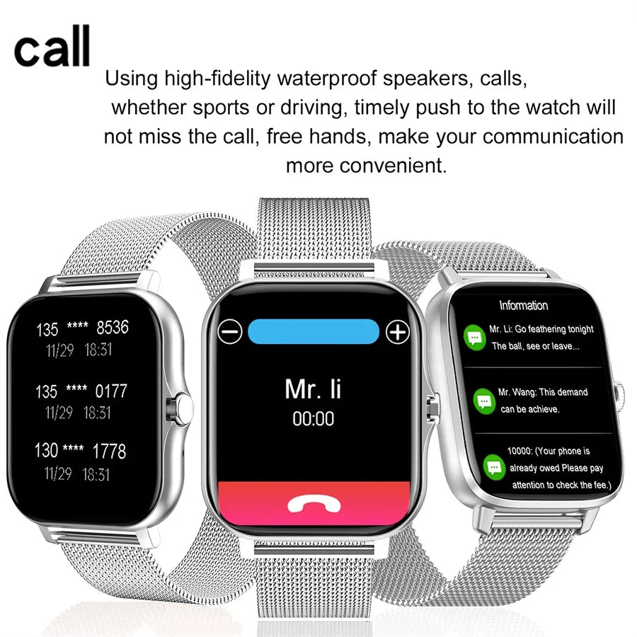Smartwatch with metal band displaying call interface and notifications on a white background