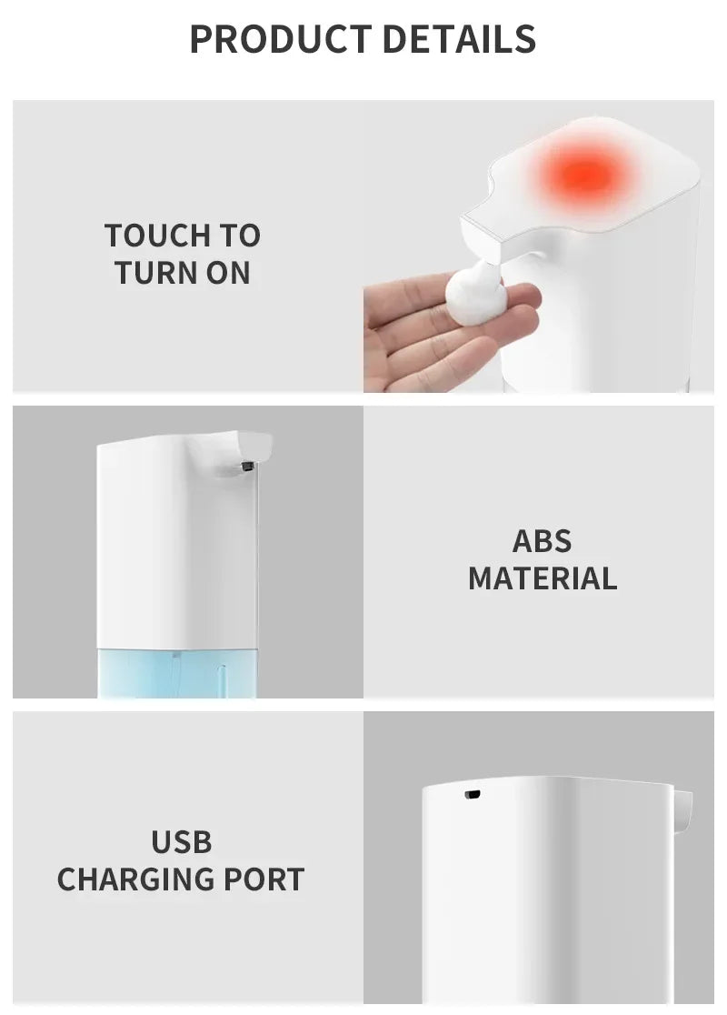 Touchless automatic foaming soap dispenser detail — USB charging port, ABS material