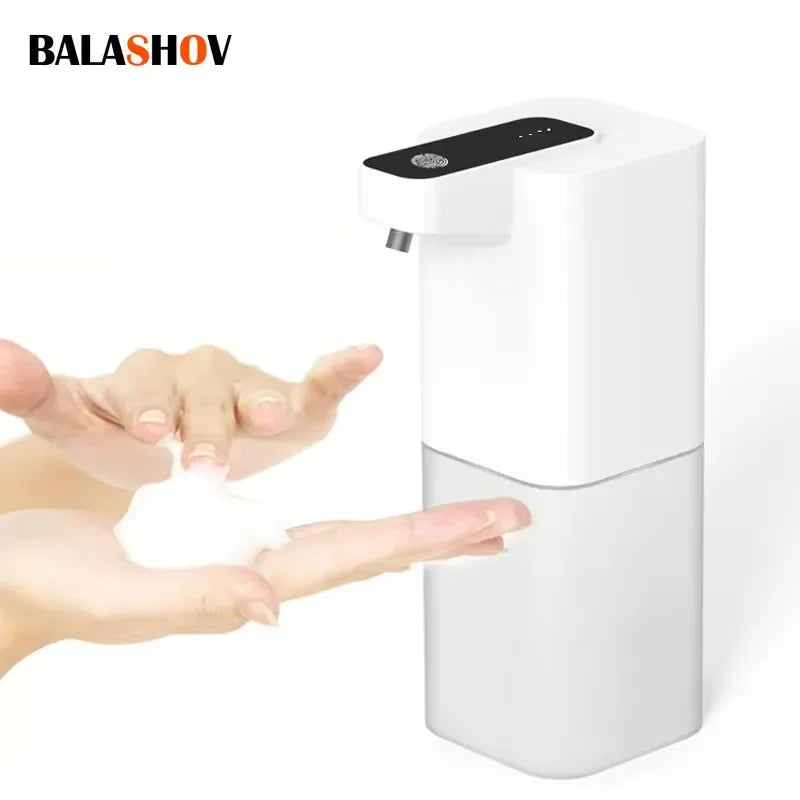 White automatic hand sanitizer dispenser with hands using it on a white background, featuring the brand 'BALASHOV'.