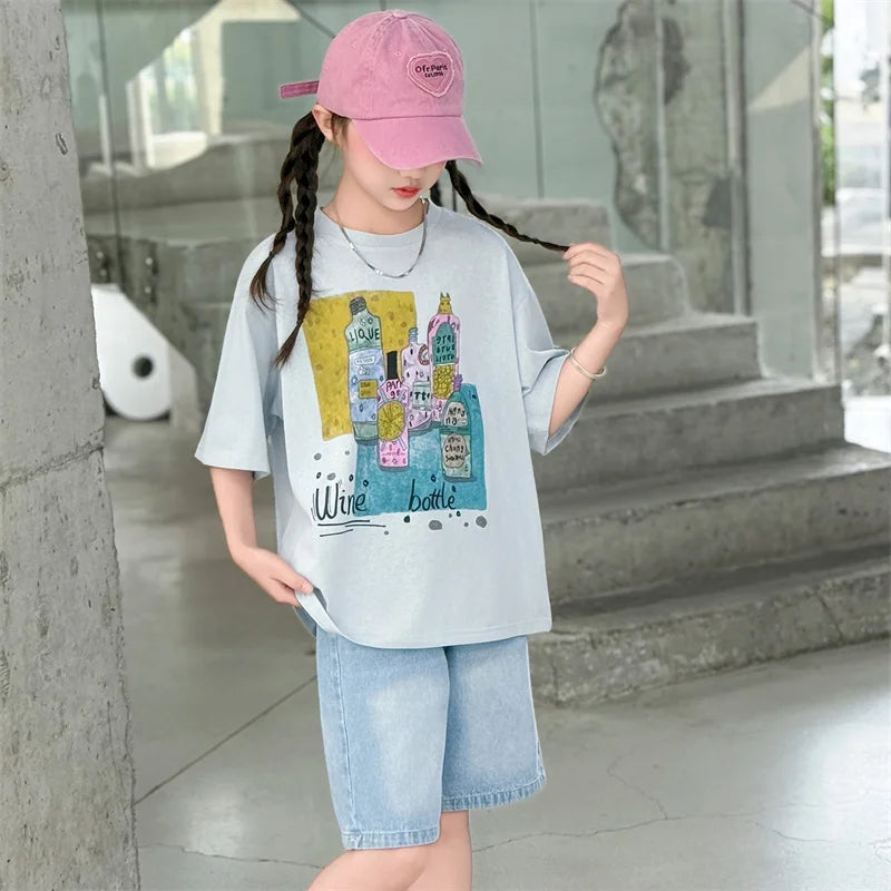Girls Summer Outfit Set – Print T-Shirt + Shorts (Ages 5-14)