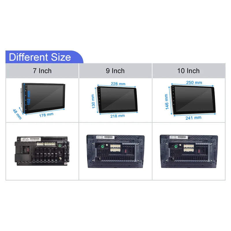 Car touchscreen display size comparison chart showing T3L, T8L, T9 and T10 models with dimensions and device sizes