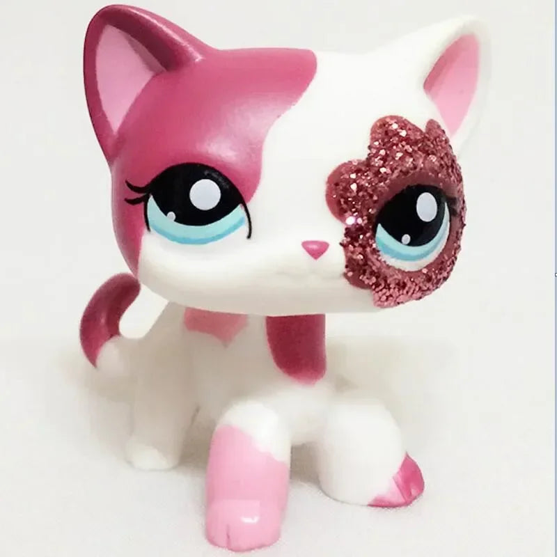 Mini pet shop kitty figure – white with pink patches, blue eyes and glitter eye patch