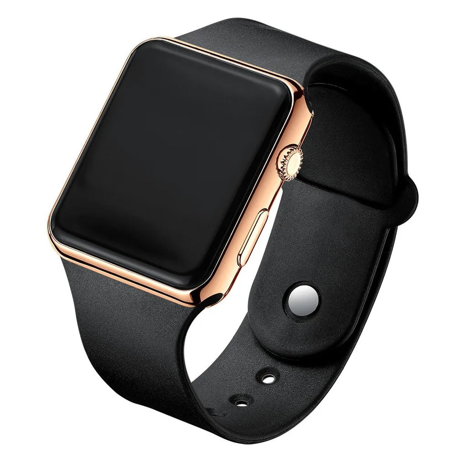 Digital watch with black screen and rose gold frame on a white background